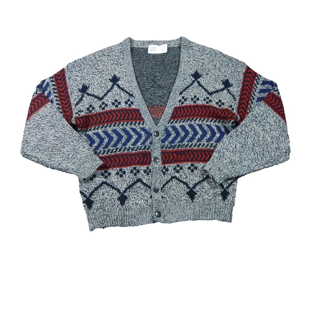 Vtg Robert Bruce Mens XL Cardigan Sweater Gray Abstract Grandpa Button USA READ